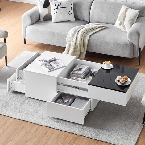 High-gloss tabletop coffee table Black and white patchwork Multi-drawer storage Silent glides (1/5)