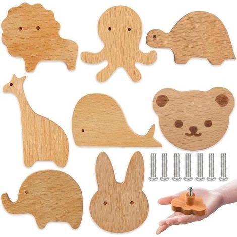 8 poignées de tiroir en bois avec motifs d'animaux, boutons en bois pour armoire, boutons de commode décoratifs en bois avec vis (1/4)