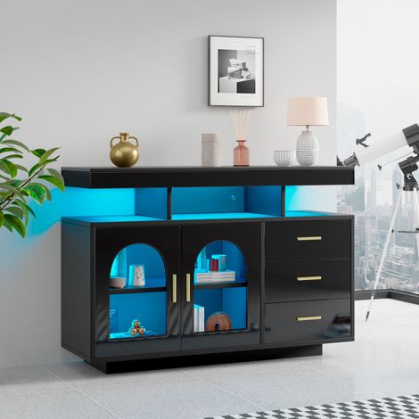 Credenza Moderna con 3 Cassetti, 2 Ante e LED, per Soggiorno e Sala da Pranzo, 120×40×80 cm (1/5)