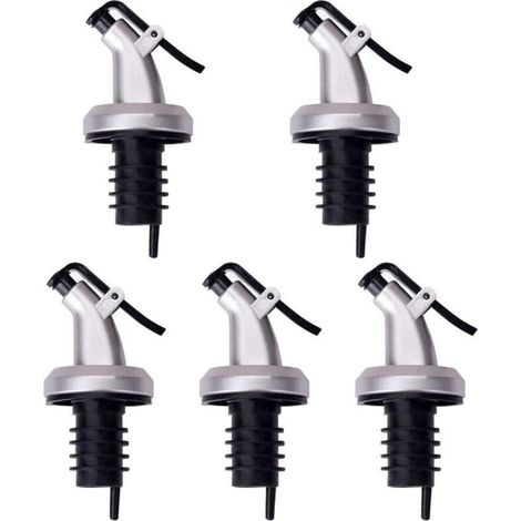 Lot de 5 bouchons avec compte-gouttes huile/vinaigre, polypropylène/ABS, 8,5x3 cm, noir/argent (1/5)
