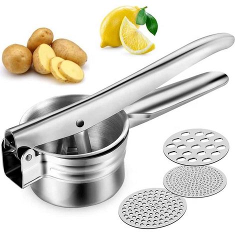 Presse-purée manuelle en acier inoxydable, presse à purée de pommes de terre épaisses, presse à glace pour spaghetti, presse à spaetzle, avec 3 disques perforés, presse-purée multifonction, pour purée (1/5)