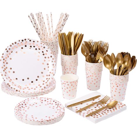 Service de vaisselle jetable pour 25 invités : assiettes, fourchettes, couteaux, cuillères, gobelets, serviettes et pailles en papier jetables pour anniversaire. (1/5)