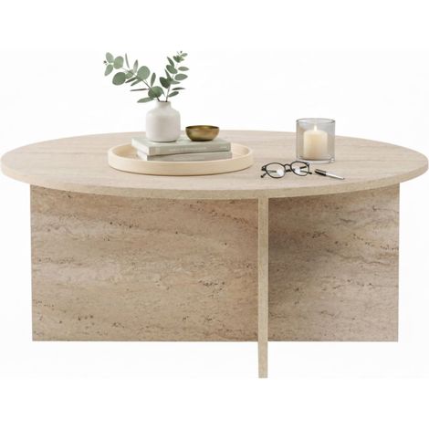 Couchtisch Simbario, Rund, Tischplatte aus Edelholz, Farbe Weiß, 90x90x40h cm, Weiß Marmor