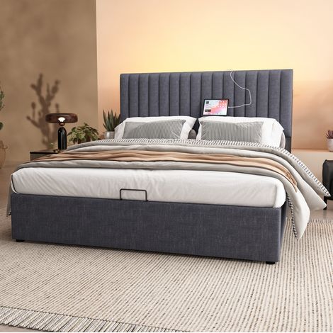 Lit rembourré moderne 140x200 cm gris, tête de lit LED réglable avec USB et Type-C, rangements et sommier à lattes (1/5)