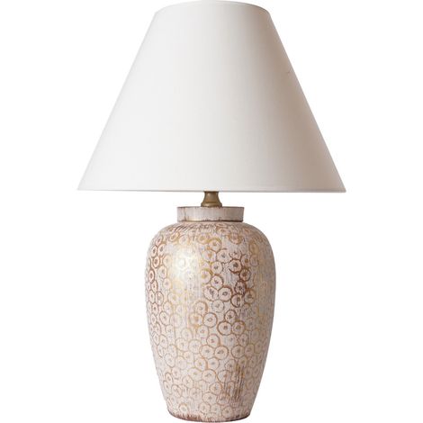 Lampe à poser design Meniar D35cm Tissu Blanc et Céramique Crème et Or (1/3)