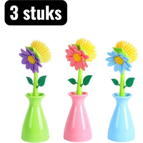 Set of 3 flower-shaped dish brushes with long handles and dirt-repellent bristles (1/5)