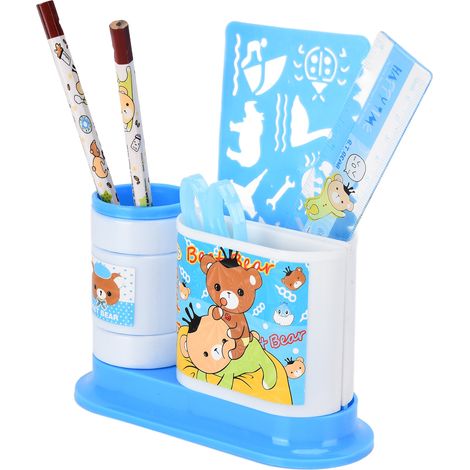 Pot à crayons rotatif bleu à double compartiment en plastique, comprenant un taille-crayons et des ciseaux, un cadeau idéal pour les étudiants pour ranger leurs crayons et stylos.