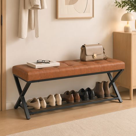 Banc à chaussures, banc d'entrée revêtu de similicuir, capacité de charge jusqu'à 220 kg, pour couloir ou entrée, 112 x 37 x 47 cm, marron (1/4)