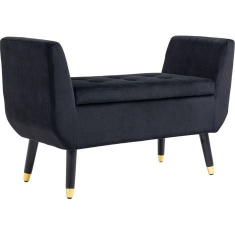 Panca contenitore con braccioli in poliestere effetto velluto nero 107x42x65 cm (1/5)