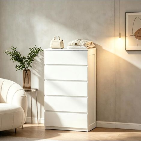 Cómoda blanca de 5 cajones, mueble compacto 60 x 39 x 100 cm, en tablero de partículas (1/5)