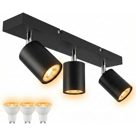 Plafonnier LED 3 Spots Noir avec 3 Ampoules GU10 3000K Blanc Chaud-Barre Rectangulaire Orientable - Luminaire Prêt à l'Emploi pour Ambiance Chaleureuse, Salon et Chambre-Spot Plafond Design Moderne (1/5)