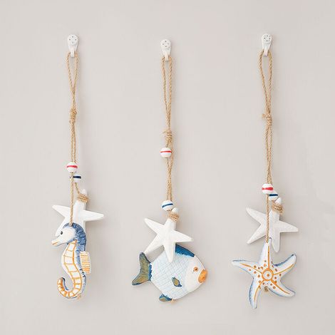 Lntyq 3X décoration à Suspendre en Bois avec étoile de mer, Poisson - Coquillages décoratifs à Suspendre - décoration à Suspendre Maritime pour la Maison