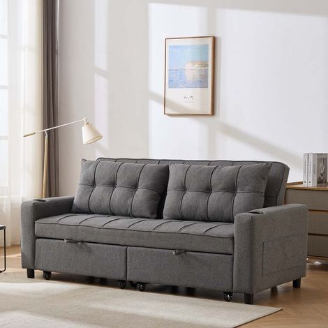 HUDSON SOFA BED LINEN FABRIC WITH CUP HOLDERS DARK GREY 3-SEATER (1/5)