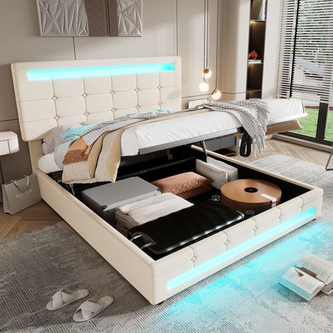 Upholstered bed, hydraulic bed, adults teenagers 4ft6 double bed 135x190cm, square embellishment, with 7colors LED-light strips, Velvet+Iron, Beige