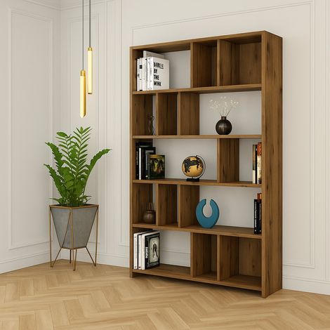 Bücherregal Karl, 5 Regalböden, Wandmontage, Nussbaum Strukturfarbe, 90x20x180h cm Braun Nussbaum (1/5)
