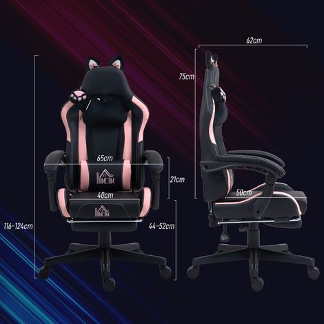 Fauteuil gamer à oreilles de minou, dossier réglable, repose-jambes coulissant, charge max 120 kg, teinte rose/noir (1/5)