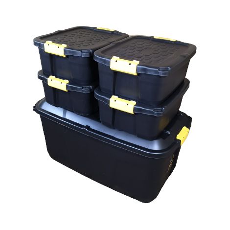 1 x 145L AND 4 x 24L Heavy Duty Trunks 1 on Wheels Sturdy, Lockable, Stackable and Nestable Design Storage Chest with Clips in Black (1/5)