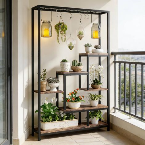 Scaffale piante 7 livelli con 6 ganci S, 100x30x180 cm, metallo, nero/marrone rustico (1/5)