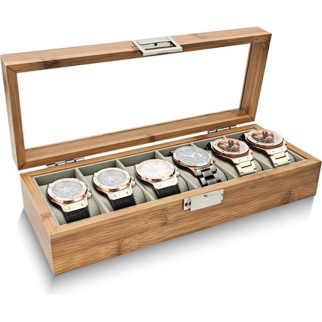 Boîte à montres 6 emplacements, boîte à montres en bois avec support de montre rembourré amovible, boîte à montres rétro pour le rangement des montres (marron 6 emplacements) (1/5)