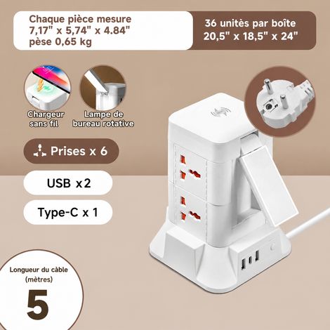 Tour multiprise 2 étages 6 prises avec USB, veilleuse et charge sans fil - Câble 5 m blanc b22 5 18 6 14,5 × 12,5 × 18,5 cm 650 g – Livraison gratuite