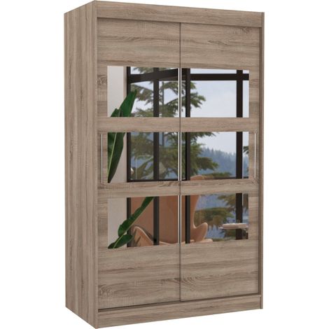 Petite armoire de chambre à coucher 2 portes coulissantes bois truffe avec 6 miroir Kolida 120cm (1/5)