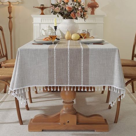Nappe rectangulaire d'extérieur en lin, nappe en coton imperméable de style bohème champêtre avec pompons, robuste et infroissable, pour les pique-niques (1/5)