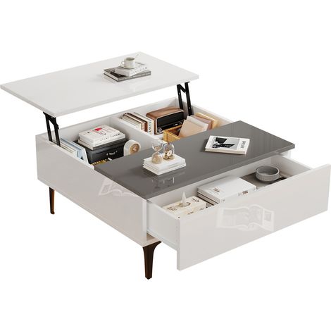 Table basse relevable 70 x 70 cm avec rangement caché, LED RGB, tiroir discret et plateau haute brillance en MDF blanc gris, idéale petit salon  CHICFURN (1/5)