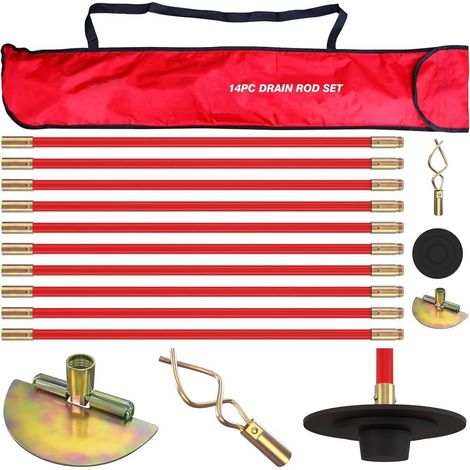 Kit de tiges de vidange professionnelles de 9,1 m dans un sac de transport, déverrouillage, grattoir à vers, tiges de nettoyage 14 pièces de 9 m de long (1/5)