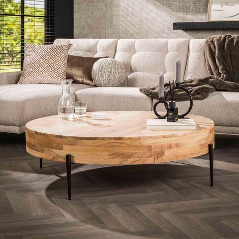 M&S – Table basse ronde 120x120 cm en acacia naturel et métal gris foncé – Plateau épais – Résistante à la pourriture et aux moisissures