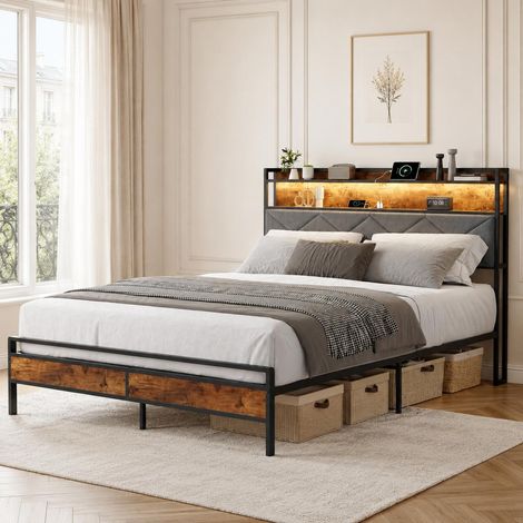 Lit double 140x200 cm avec LED RGB, Lit avec tête de lit étagère et ports USB Type-C, rangement sous lit, Métal et bois, Bois foncé et gris (1/5)