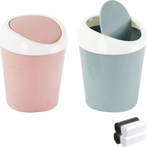 Stück kleiner Mülleimer, Mini-Desktop-Mülleimer, QLFJ-FurDec Mini-Tisch-Kunststoff-Mülleimer mit Schwingdeckel und 4 Rollen Müllbeutel für Büro, Bad, Küche (blau, rosa)