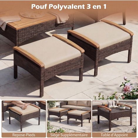 Salon de jardin 5 pièces marron en résine tressée avec 2 fauteuils, 2 poufs, table et coussins amovibles pour jardin et terrasse (1/5)