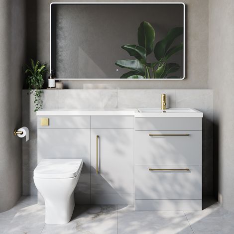 Napoli 390 Gloss Grey Pearl 1500mm 2 Drawer Vanity Unit Toilet Suite with Right Hand Square Lucia Basin - 1500mm - Brushed Brass 320mm HandleWith Kingston Toilet Pan and Seat