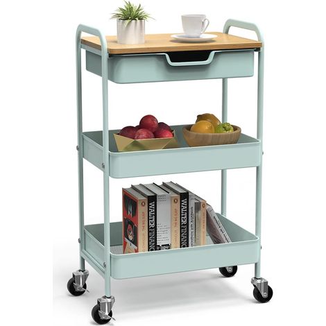 Chariot de Rangement à 3 Niveaux avec et roulettes et Tiroir Desserte Meuble Organisation pour Bureau D'atelier et Cuisine Lessive Salle de Bain (Vert) (1/5)