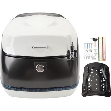 Top case moto de 38 litres, design moderne, résistant à l'eau, grand espace de rangement pour motos et scooters électriques, noir et blanc. (1/5)
