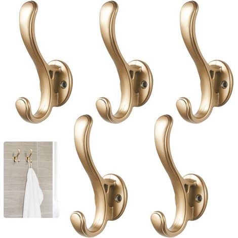 Kleiderhaken – 5 Stück goldfarbene Vintage-Doppelwandhaken aus Aluminium mit Schrauben (1/5)