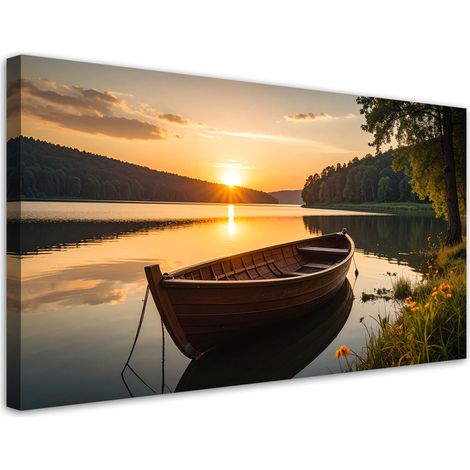 Cuadro en Lienzo, Paisaje lago barca puesta de sol, 80x40 (1/5)