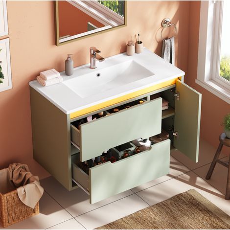 Mobile bagno sospeso 81x47x51 cm in MDF verde con lavabo in ceramica e LED - CHICFURN (1/5)