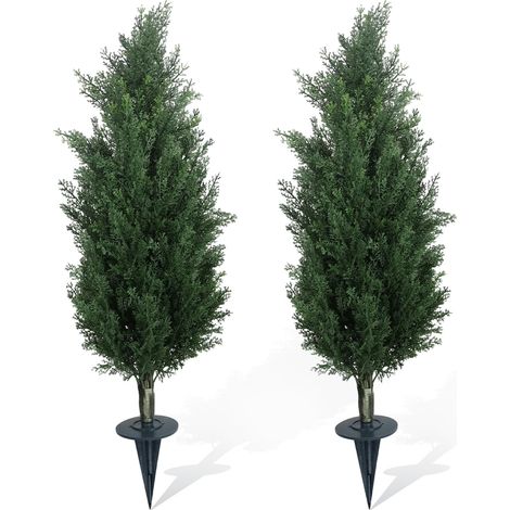 Lot de 2 arbres topiaires artificiels en cèdre – Feuillage réaliste – Résistant aux UV, piquet de fixation inclus – jardin, terrasse, balcon, intérieur/supplémentaireérieur – 70CM (1/5)