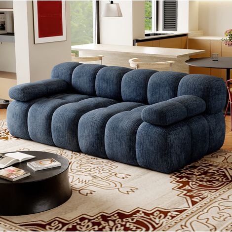 Divano lineare 2 posti 200x100x68 cm in ciniglia blu, senza montaggio, FloraGrace (1/5)