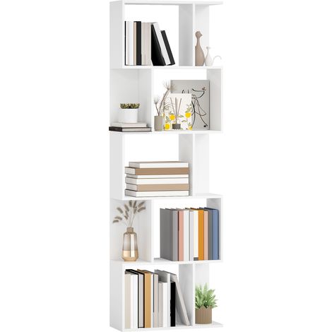 S-Shaped Wooden Bookshelf with 5 Tiers-Stylish Freestanding Storage Shelf for Home Office and Display Use-White Finish