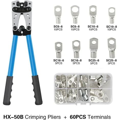 pince à sertir cosses HX-50B avec kit de sertissage 60 pièces, cosses à anneau cuivre étamé, outil pour câbles 6 à 50 mm² et batterie voiture (1/5)
