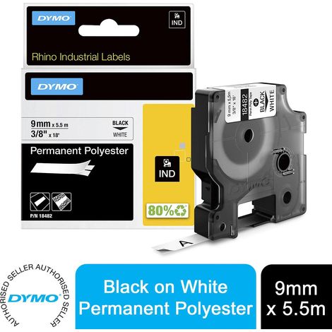 DYMO Rhino Poly Labels Self-Adhesive Industrial 9mm x 3.5m Black Print on White (1/5)