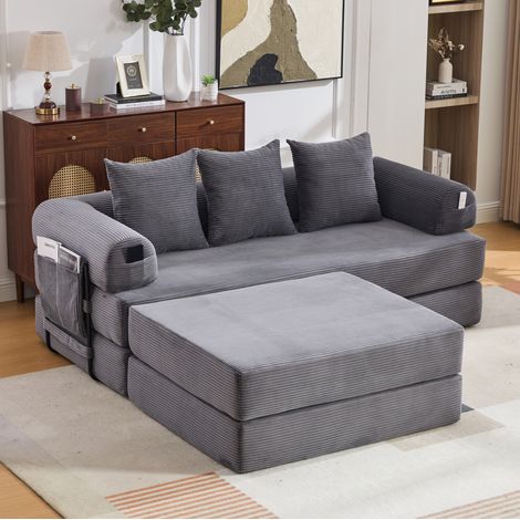 Canapé modulaire en velours côtelé gris foncé avec pouf, structure métal, 200x190x67 cm (1/5)
