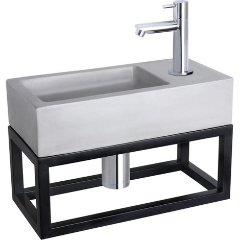Differnz Ravo Set lave-mains 38.5x18.5x24.5cm 1 trou avec robinet droit et siphon + bonde chrome Rectangulaire Béton Gris clair (1/5)