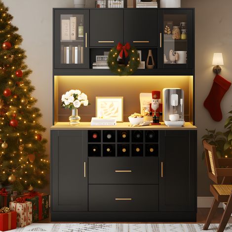 Buffet 120x36.3x180 cm noir en MDF et métal avec LED, prises intégrées, 6 portes et grands tiroirs (1/5)