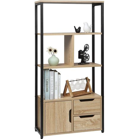 Woltu – Bibliothèque étagère de rangement 58x24x120cm – Métal et MDF – 2 tiroirs – Style industriel – Chêne clair
