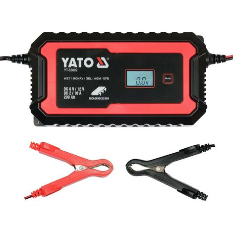 YATO Cargador de batería de Coche 10A Max para Coche Camiones Moto Batería Hasta 200Ah  Potección contra cortocircuito YT-83002