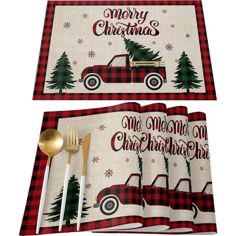 Sets de table pour salle à manger, sets de table isolants et lavables, lot de 6, motifs de Noël : élan, flocons de neige, carreaux rouges et noirs, décorations intérieures et extérieures (1/5)