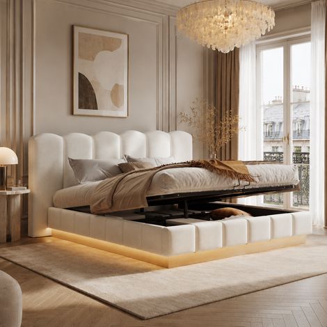 Lit coffre rembourré 180x200 cm king size avec rangement hydraulique,LED,sommier à lattes,tête de lit effet nuage en bouclé blanc (1/5)